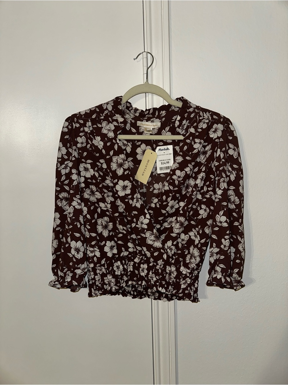 Monteau Brown Floral Smocked Waist Blouse